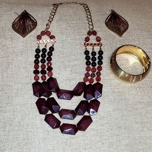 Beautiful deep burgundy jewelry necklace, earrings and cuff